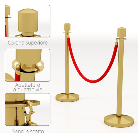 Colonne de marquage en acier inoxydable doré, corde velours rouge 1,5 m, socle lesté, Ø32x96 cm (1/5)
