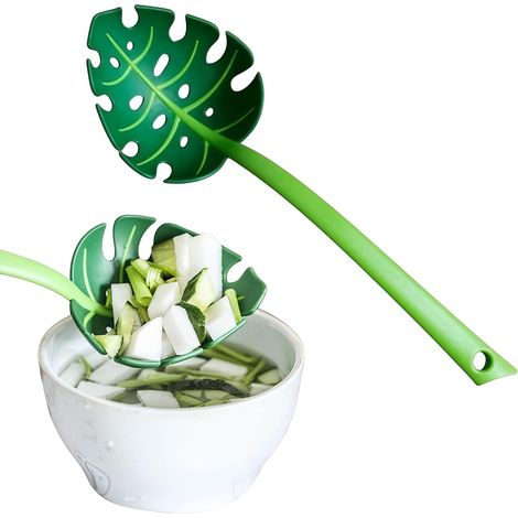 Jungle Spoon Monstera Leaf Soup Skimmer Spoon, Green, PP Material, 11.8x3.7 Inch, Kitchen Strainer with Anti-Slip Base, Long Handle (1/5)