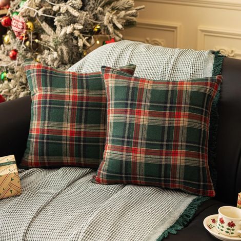 Lot de 2 housses de coussin de Noël 45 x 45 cm - Taies d'oreiller à carreaux, décoration de Noël vintage pour canapé, fauteuil, chambre - Housses de coussin décoratives festives pour les fêtes de fin (1/5)