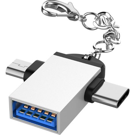 2PCS Coque Alliage Aluminium Adaptateur USB 3.0 vers Micro USB et Type C Double Fonction pour Android Argenté avec Chaîne