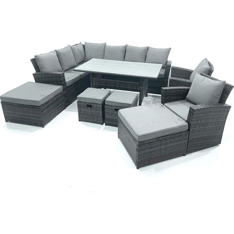 Fimous Gartenlounge Set Rattan Ecksofa Set mit 4 Hockern 2 Sesseln Dunkelgrau gemischt (1/5)