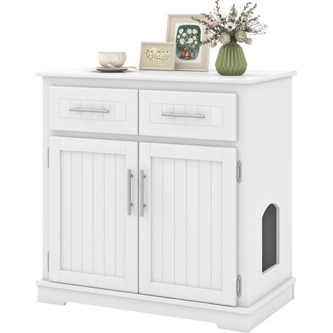 Meuble latéral de toilette pour chat, maison en bois pour animaux avec 2 tiroirs - Blanc (1/5)