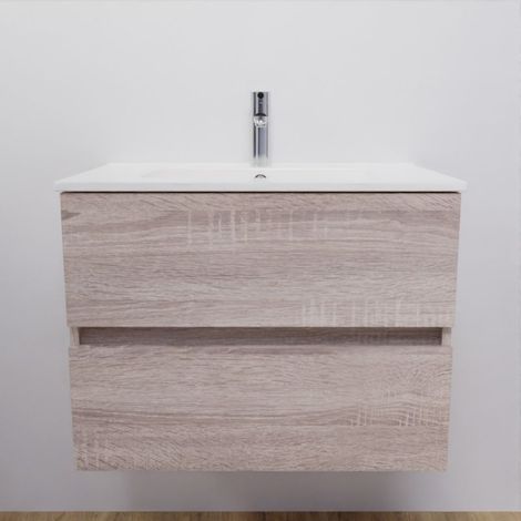 Cuisibane – Meuble double vasque suspendu 70 cm – 2 tiroirs à extension complète – Plan vasque en céramique – Fixation murale pour espaces réduits