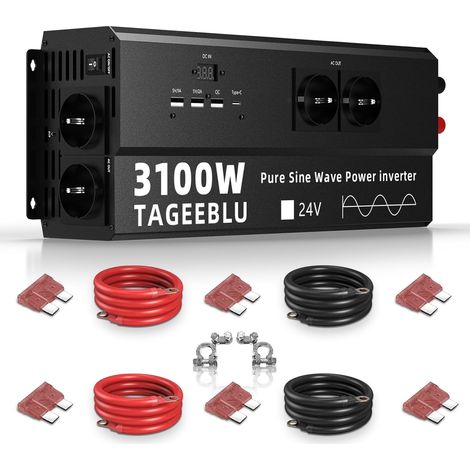 3100W Pur Sinus convertisseur 24v 220v Camion transformateur 24v 220v camion, convertisseur pour véhicules avec clip alligator, 4 prises UE et écran LCD (1/5)