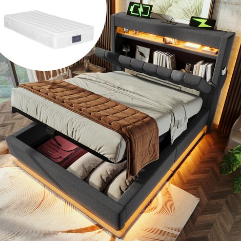 Bett Einzelbett Stauraum 90x200 Leinen Grau mit Matratze OKMYHOME