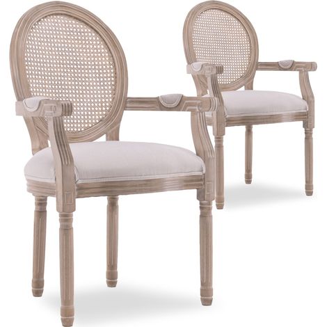 Lot de 2 fauteuils médaillon Louis XVI cannage rotin tissu beige (1/2)