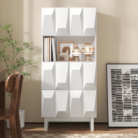 Meuble vitrine haut 60,5 x 34 x 135,5 cm, 4 portes, niche ouverte, étagères réglables, façades en relief, blanc (1/5)