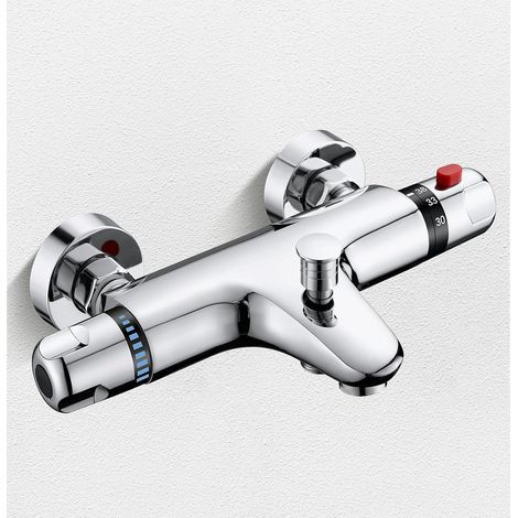 Grifo de bañera con termostato, grifo de ducha de superficie, grifo mezclador para bañera, termostático, cromado, latón, grifo de bañera con botón de seguridad de 38 °C (1/5)