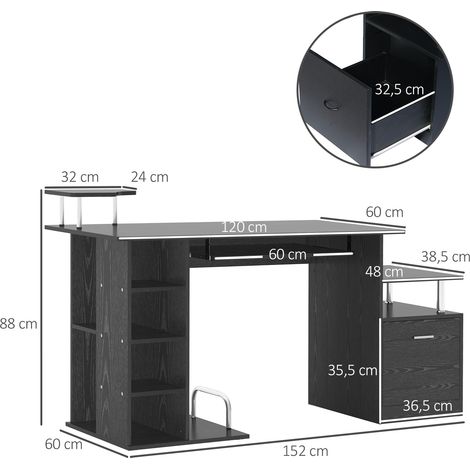 Schreibtisch mit 6 Ablagen, Schublade, Tastaturablage und Monitor-/Druckerhalterungen, 152 x 60 x 88 cm, Schwarz