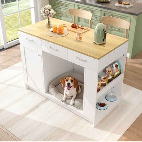 Îlot de cuisine 120/60/90 cm blanc avec 3 tiroirs et espace pour animaux (1/5)
