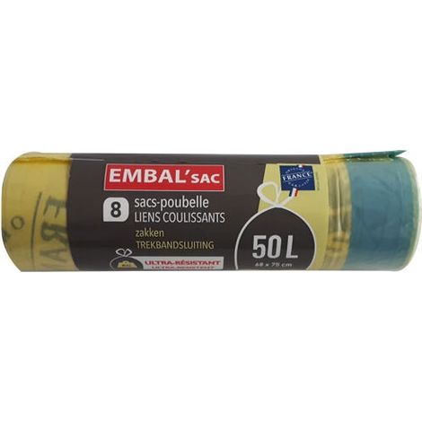 8 Sac Poubelle Jaune - 50 L - Lien Coulissant - Pour Tri Sélectif - Polyéthylène Basse Densité (1/2)