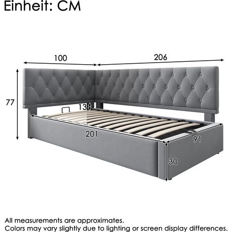 Canapé convertible 90x200 cm, coffre de rangement hydraulique, canapé de jour velours gris, sommier lattes bois, sans matelas, pour chambre enfant et ado