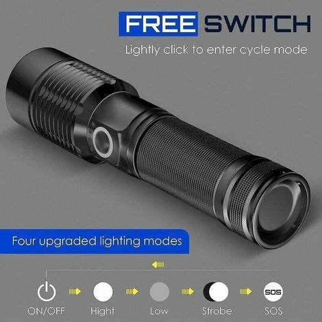 Linterna LED ultra potente - Linterna recargable de 3000 lúmenes S6000, linterna táctica, linterna LED recargable por USB, 4 modos, brillo ajustable, zoom, resistente al agua (1/5)