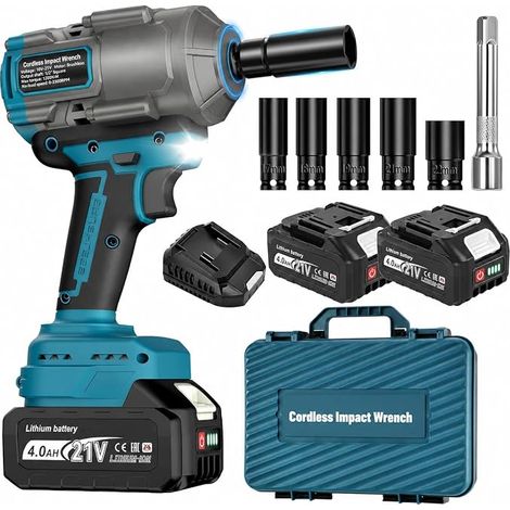 1100Nm 1/2" Brushless Cordless Impact Wrench with 2×4000mAh Battery, Compatible with 18V Battery, Electric Impact Wrench incl. 5 Sockets, Extension Cord and Case (1/5)