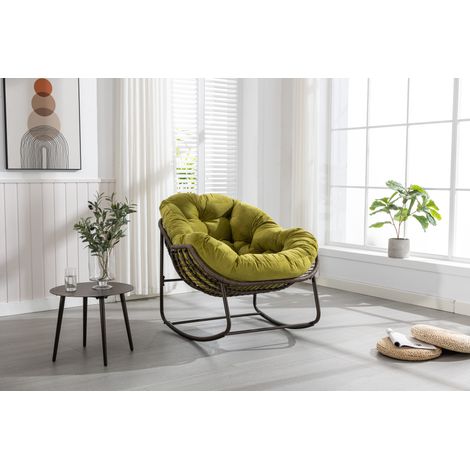 Fauteuil à bascule de jardin en rotin synthétique avec coussin rocking chair d'extérieur structure acier vert olive (1/5)