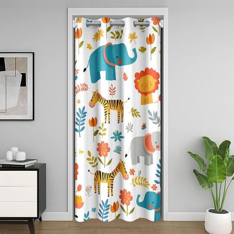 Joli rideau de porte animaux sauvages pour la vie privée Kawaii, éléphant, lion, zèbre, animal, rideau de porte pour salon, décoration de salon, multicolore, fleurs et feuilles, rideau de - 203.00 x 1 (1/5)
