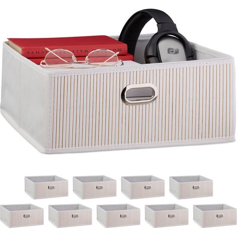 10 Cestos Almacenaje Bambú, Cestitas Cuadradas Tela Baño, Cajas Bajas Estante, 14 x 31 x 31 cm, Asa, Plegables, Blanco (1/5)