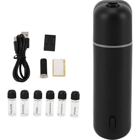 Diffuseur d'huiles essentielles portable pour voiture, 6 flacons de 5ml, USB 5V, détection de mouvement, idéal pour voyages et trajets quotidiens, noir. (1/5)