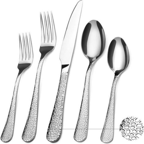 Service De Table En Acier Inoxydable - 20 Pièces - Pour 4 Personnes - Motif Martelé - Argent (1/4)