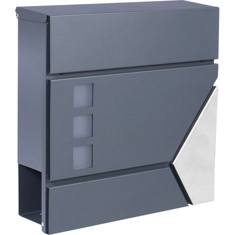 Wiltec Designer Briefkasten V48 Anthrazit und Edelstahl 370 x 105 x 370 mm, Wandbriefkasten mit Schloss, Sichtfenstern, Zeitungsrolle, Postkasten aus galvanisiertem Stahl