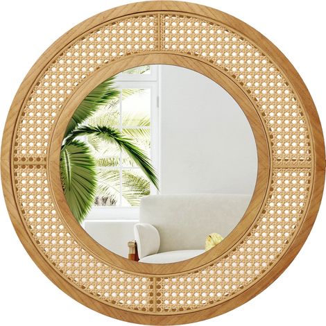 Ø 65 cm Miroir Mural Rond Décoratif Cadre Bois Style Rotin Bohème Reflet Net sans Déformation (1/5)