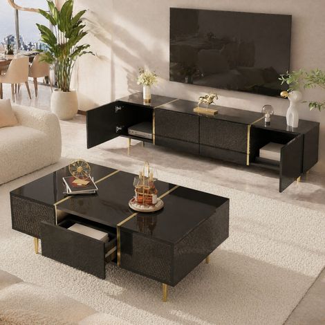Set mobili TV con mobile TV e tavolino, nero lucido, MDF, con contenitore OKMYHOME (1/5)