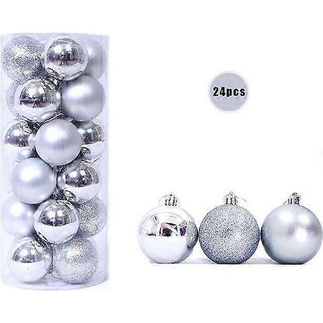 24 boules de Noël argentées de 4 cm de diamètre, à suspendre au sapin ou à suspendre. Décorations pour Noël et le Nouvel An. (1/5)