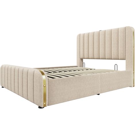 Cama doble tapizada 140x200 cm beige de lino con USB-C y almacenamiento hidráulico (1/5)