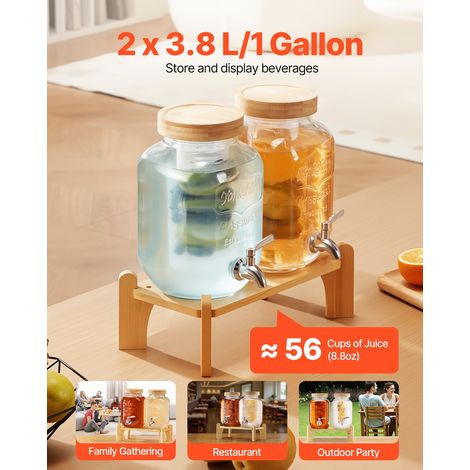 Distributeur de Boissons Capacité de 3,8 L 2PCs, Fontaine à Eau en Verre, Distribution d’Eau Jus Limonade Thé Glacé, avec Support,… (1/5)