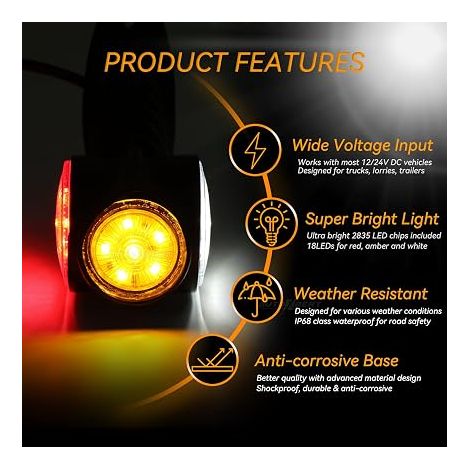 Lot de 2 feux de position LED 12 V 24 V feux de position latéraux pour remorque, camion, voiture, caravane, blanc, rouge, orange (1/4)