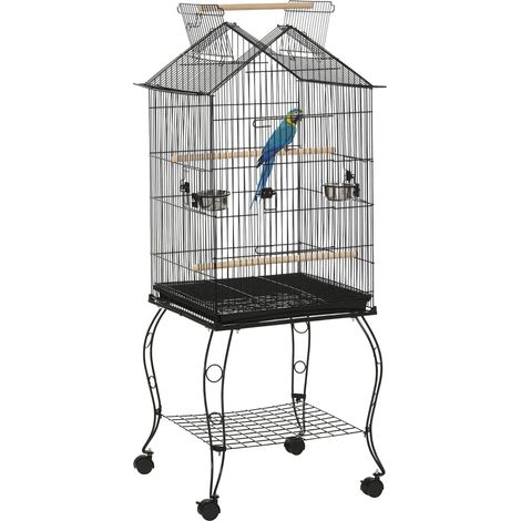 Cage à oiseaux avec support, roulettes, plateau amovible et mangeoires pour canaris et perruches, 50 x 58 x 137-145 cm, noire