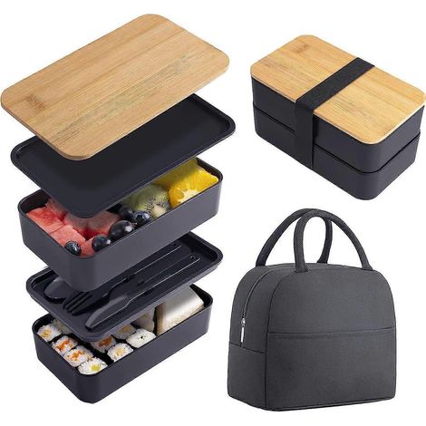 Boîte à bento japonaise en bambou avec compartiments et ustensiles, empilable, incluant un sac à lunch pour la préparation des repas, noire (1/5)