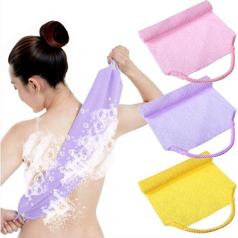 Toallas de baño, 3 piezas, 45 x 20 cm, Plegables, Ideal para eliminar células muertas de la piel e impurezas, Rosa, morado, verde (1/5)