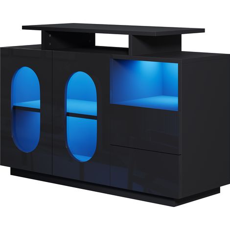 Buffet LED noir élégant avec portes vitrées ovales et façade brillante laquée – associe design moderne et espace de rangement pratique. Idéal comme vitrine, buffet ou minibar pour des espaces de vie r (1/5)