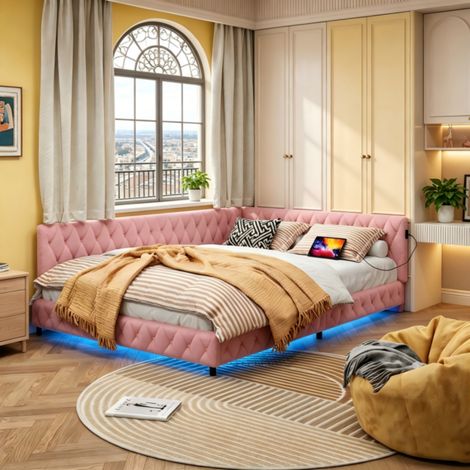 Canapé-lit, Lit 140x200 avec dossier, cadre de lit double avec LED et USB, lit gigogne en velours, lit avec sommier, lit 2 Personnes, tête de lit rembourré, Rose, MDF, sans matelas (1/5)