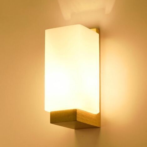 Applique Murale Intérieure Bois, Lampe Murale Vintage Abat-Jour en Verre, E27 Luminaire Mural Carré pour Chambre Salon Couloir Escalier (Ampoule à lumière chaude de 7 watts) [Classe énergétique E] (1/5)