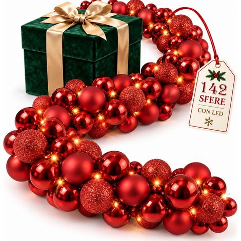 Ghirlanda Natalizia 180cm con Led Addobbo Rosso Natale Lucido Opaco e Glitter (1/5)