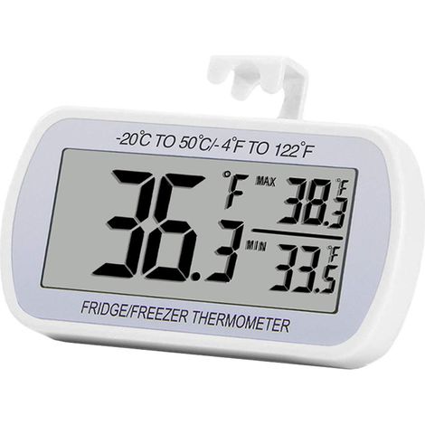 Digitales Kühlschrankthermometer mit großem, wasserdichtem LCD-Display, Min/Max-Speicherfunktion für Gefrier- und Vorratsraum, Weiß
