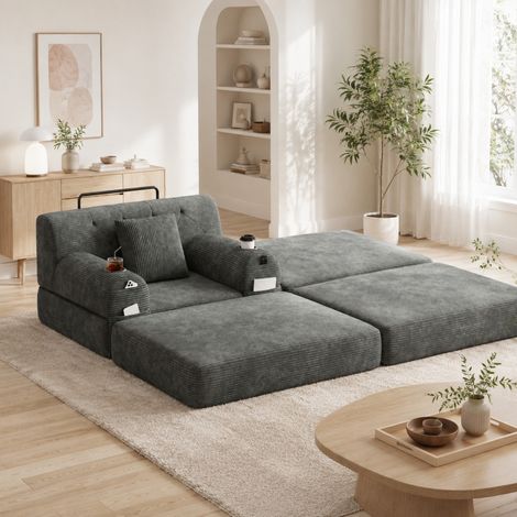 Poltrona letto 1 posto in velluto a coste con poggiapiedi, 2 portabicchieri, grigio scuro OKMYHOME (1/5)