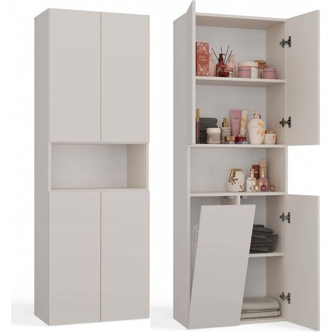 Mueble de baño independiente, estante, columna con cesta - Beige cachemir, sistema de apertura a presión, para guardar toallas y cosméticos. (1/5)