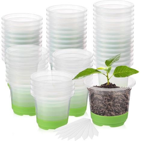 24 Pièces Pots de Plantes Transparents avec Silicone Base, 10CM Rond Pot de Pépinière en Plastique Pots de Démarrage de Semis Réutilisables avec Trous de Drainage et 20 Étiquettes de Plantes (1/5)