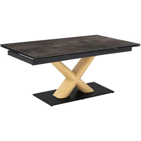 Table extensible 160 à 240 cm céramique gris vieilli pied central X plaqué bois clair - MAINE 13 (1/5)
