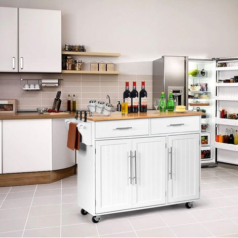 COSTWAY Desserte de Cuisine à roulettes avec 2 Tiroirs,Tablette Réglable,Porte-Serviettes,Porte-Couteau,122 x 46 x 92,3CM (1/5)