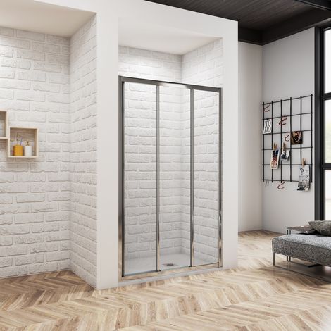 Ocean Sanitaire – Porte de douche coulissante 3 volets 120 x 195 cm – Verre anticalcaire 6 mm – Design gain d'espace – Installation facile et démontage pratique (1/5)