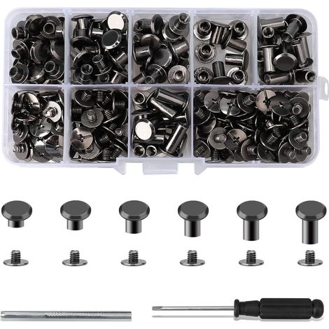 Lot de 110 Rivets en Cuir, Vis de reliure , Rivets de Reliure à Tête Plate vis de livre 4/5/6/8/10/12 mm, bouton pour la décoration du cuir DIY,sacs,travaux manuels,colliers,ceintures