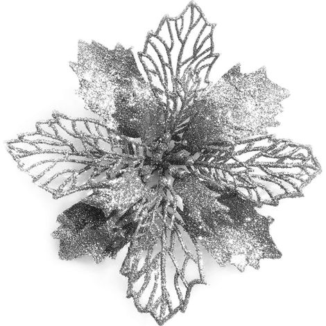 12 glitzernde Weihnachtssternblüten für den Weihnachtsbaum, 16 cm Durchmesser, mit 12 hellgrünen (silbernen) Bändern.