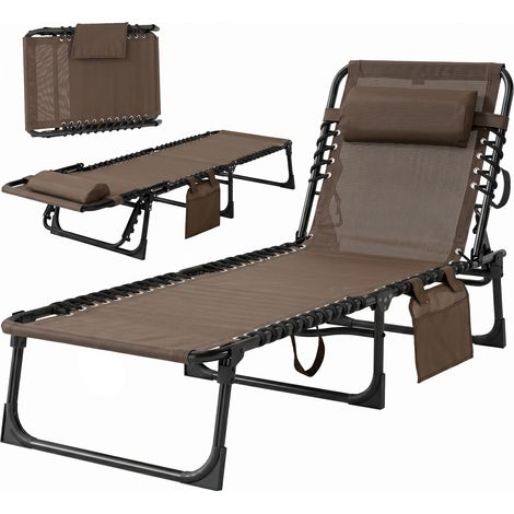 Transat pliable extérieur en cadre acier robuste, dossier ajustable, appui-tête rembourré épais, conception résistante aux intempéries, dimensions 189x58x30 cm, couleur marron classique et chaleureuse