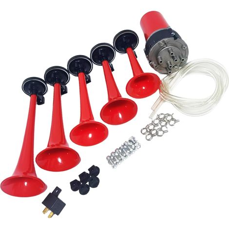 Klaxon à air trompette Klaxon de voiture Air Horn Trompette musicale Corne d'alarme Cinq tubes Dixie rouge étanche avec pompe à air haut-parleur Car Horn pour bateau camion etc (1/5)