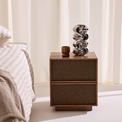 sweeek - Table de chevet décor bois et tissu 2 tiroirs noyer - Kuba (1/4)