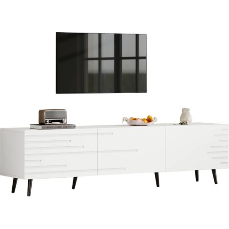 Meuble TV 180cm Blanc Imprimé, 3 Portes Rabattables, Grand Rangement, Structure MDF, Compatible TV 80 Pouces (1/5)